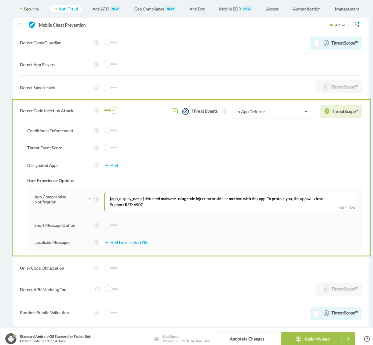 Detect Code Injection Attack option