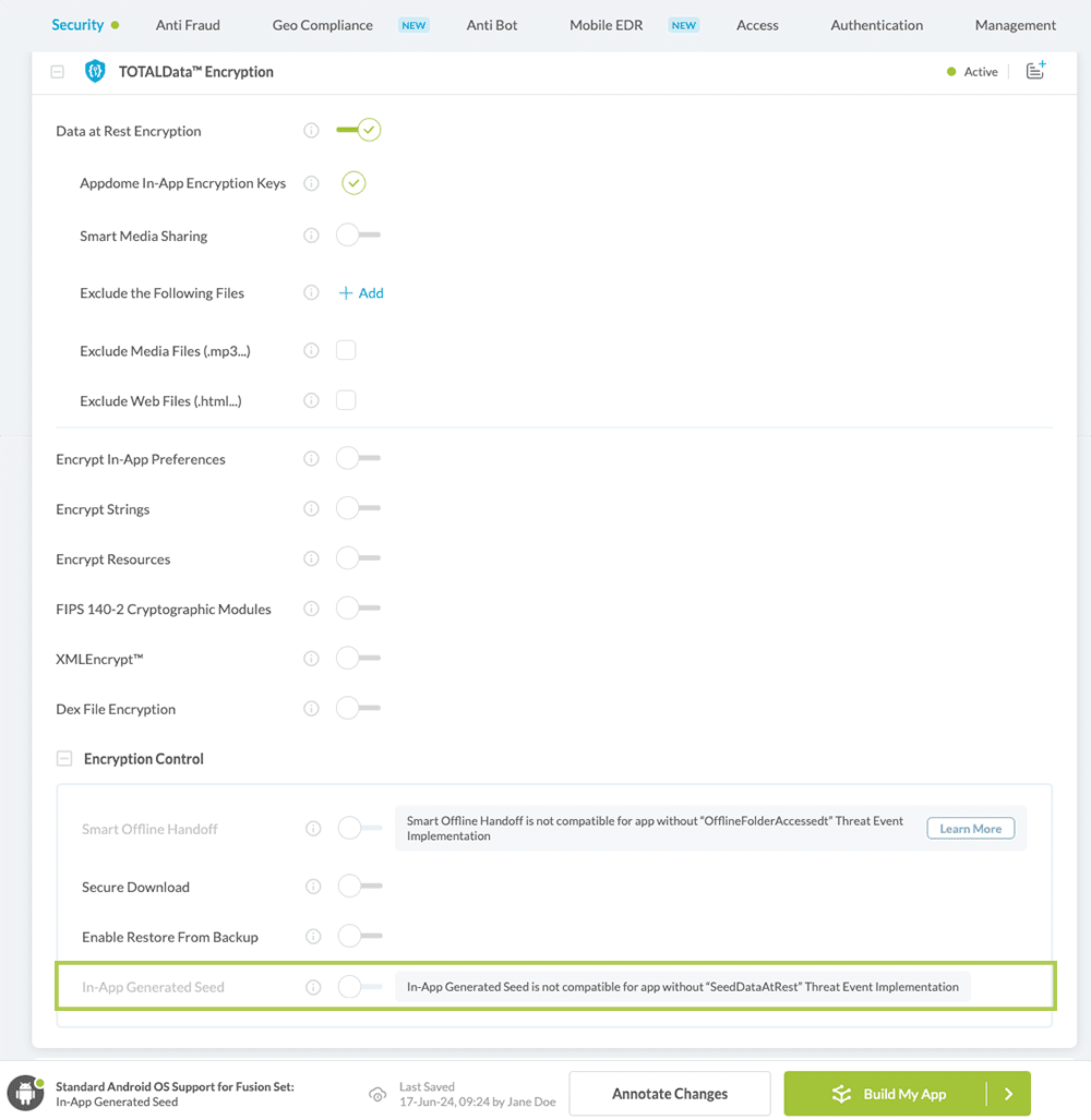Data At Rest Encryption > In App Generated Seed Option