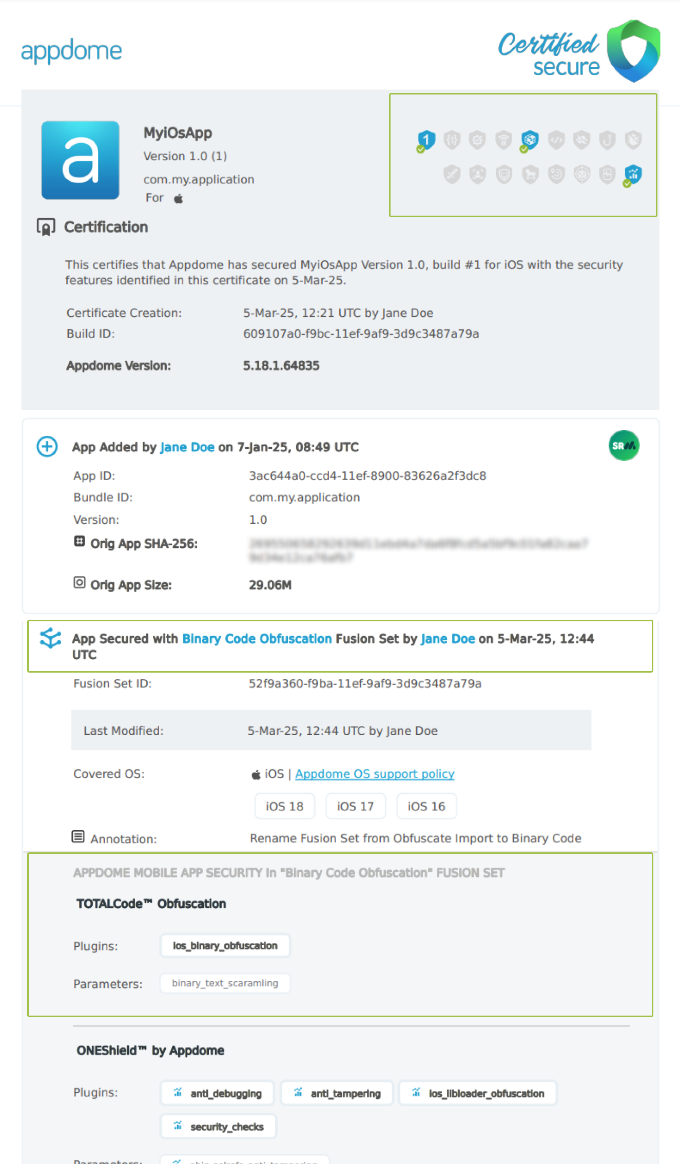 Binary Code Obfuscation shown in Certificate secure
