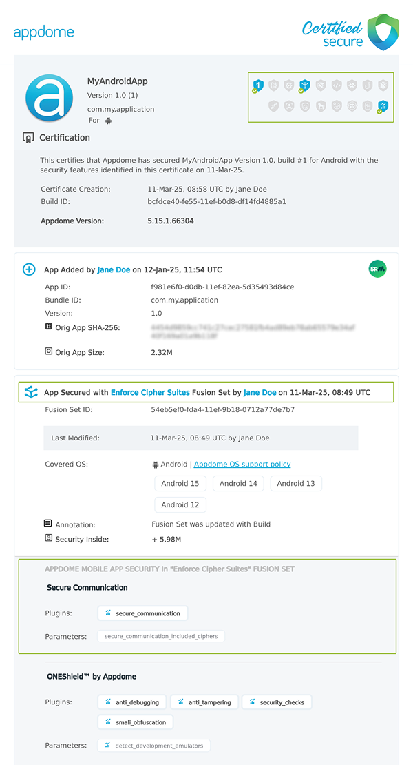 Cipher Suites shown in Certificate secure