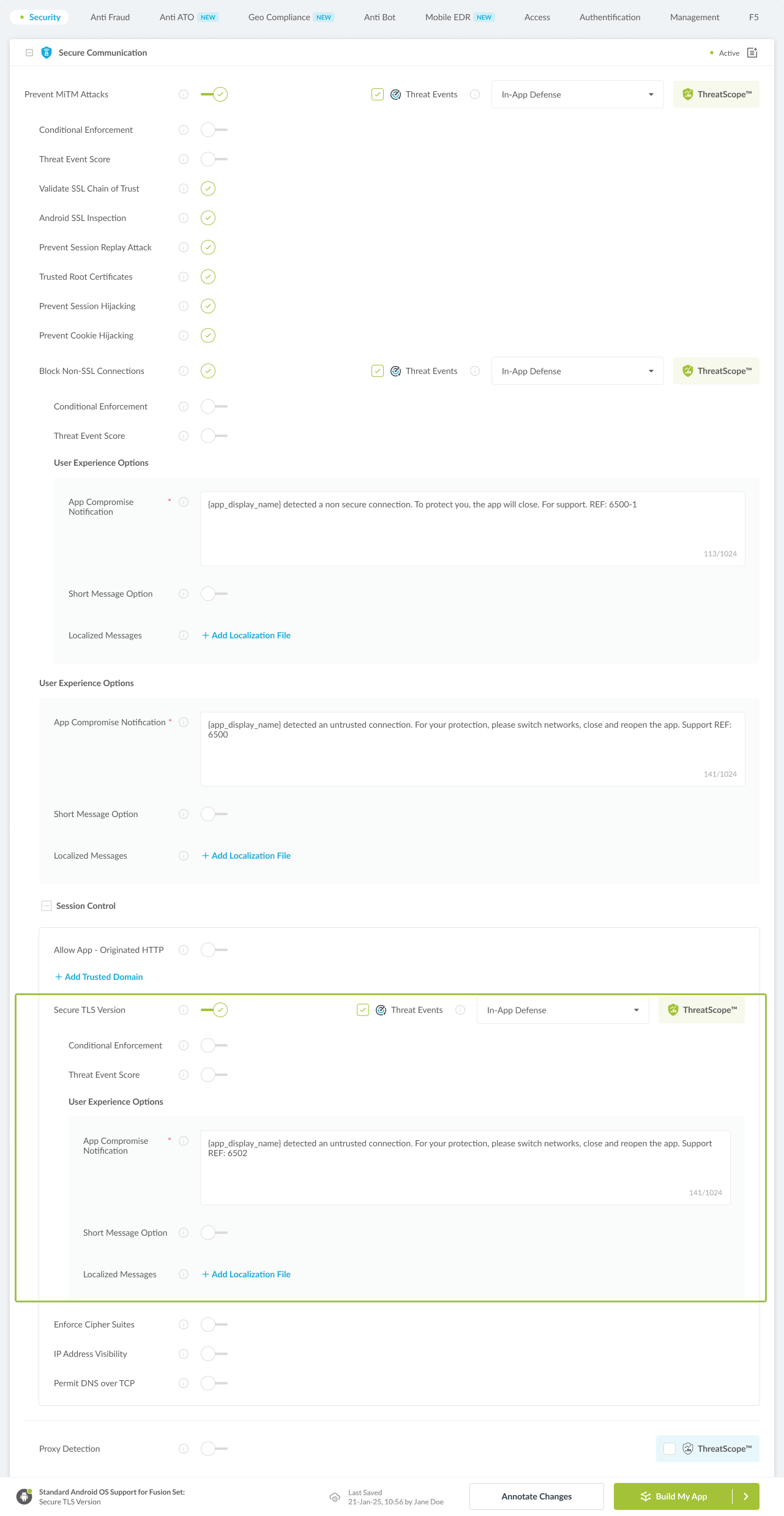 Secure TLS Version option
