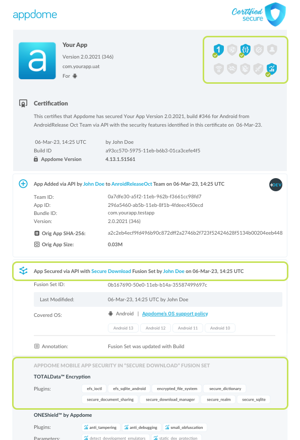 Data at Rest Encryption > Secure Download shown in Certificate secure