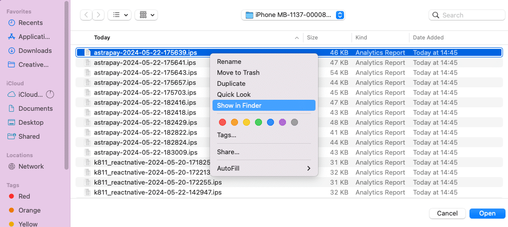 Click Show In Finder