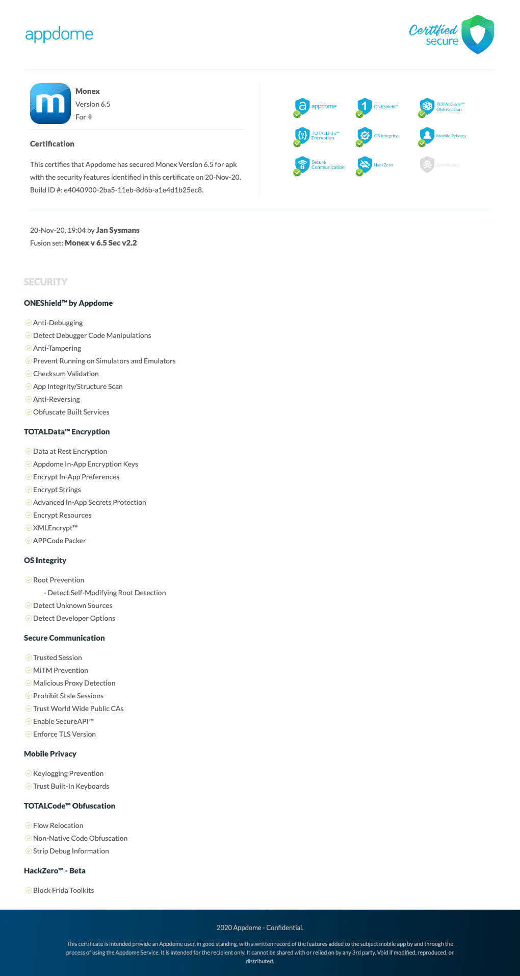 Appdome Certified Secure Certificate Monex