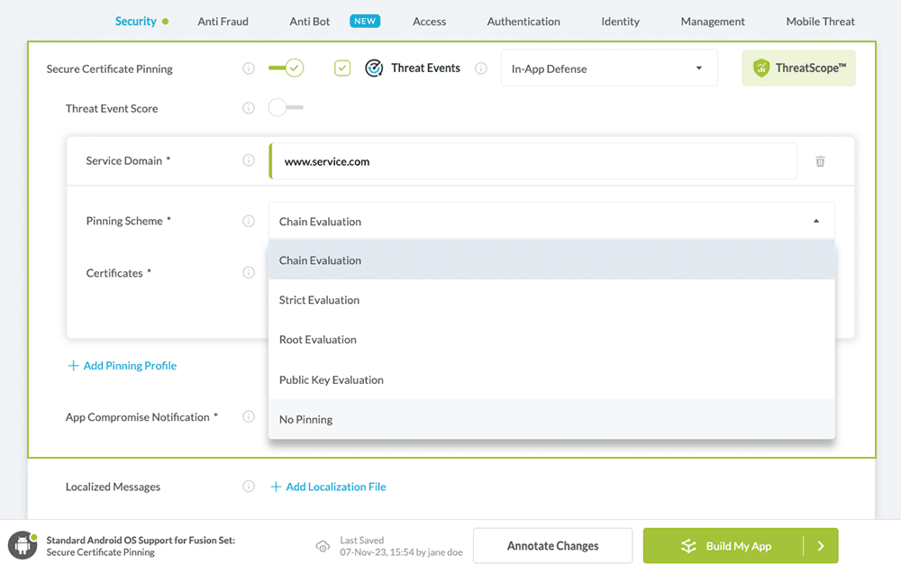 Secure Certificate Pinning Toggle