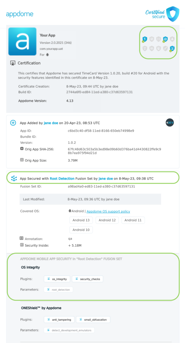 Root Detection shown in Certificate secure