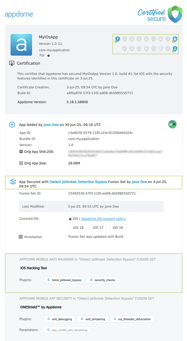 Detect Jailbreak Detection Bypass shown in Certificate secure
