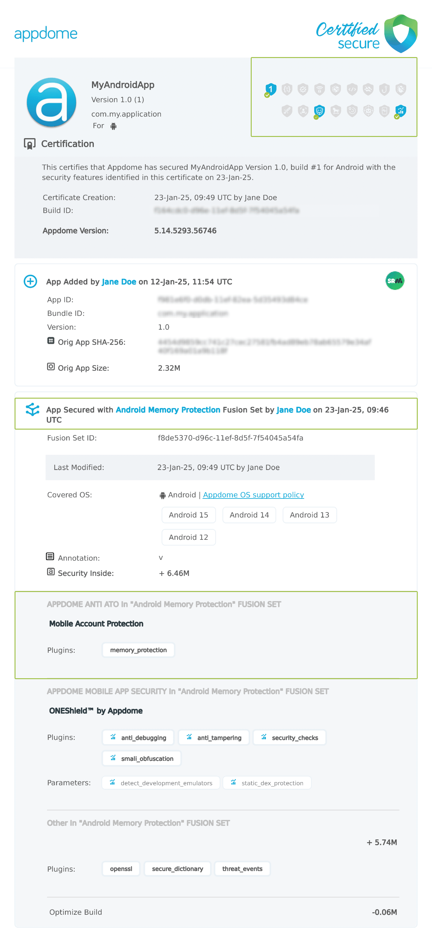 Android Memory Protection shown in Certificate secure