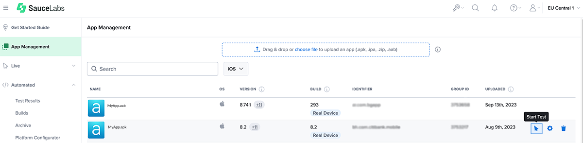 iOS Start Test Button
