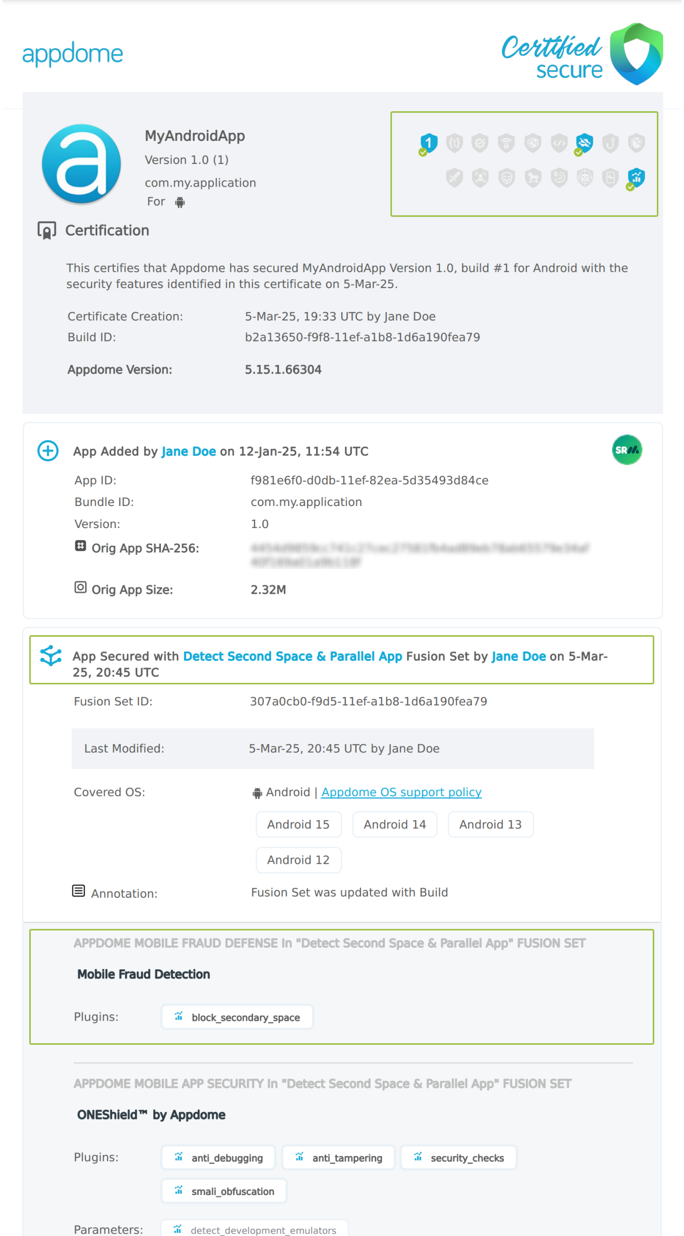 Detect Second Space & Parallel App Attacks shown in Certificate secure