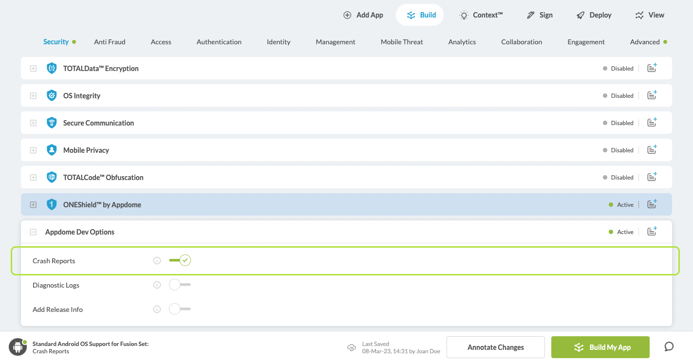 Crash Reports option