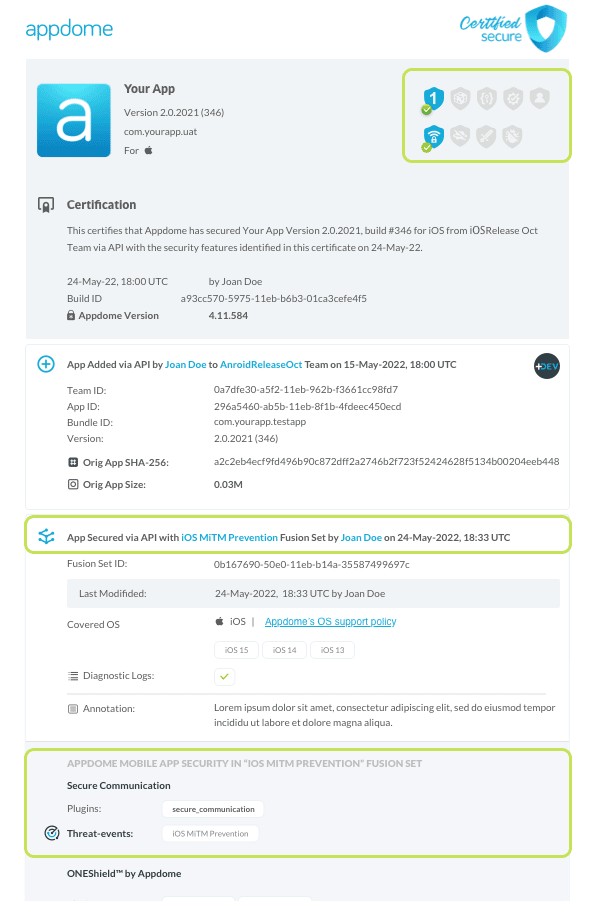 iOS MitM Prevention shown in Certificate secure