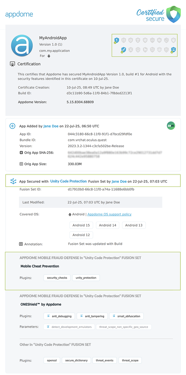 Unity Code Protection shown in Certificate secure