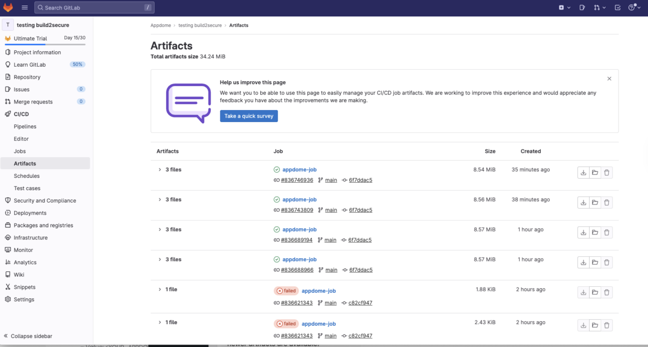 Appdome Integration for GitLab - Artifacts in Gitlab