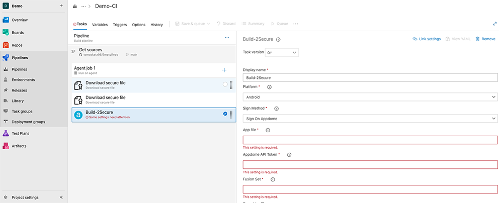 Appdome extension for Azure - Build to secure task 3
