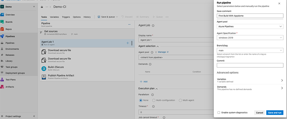 Appdome extension for Azure - save and run pipeline
