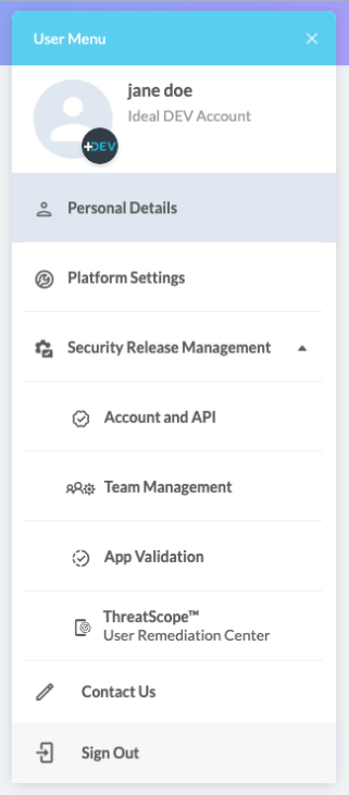Passkey for Appdome - User menu personal details
