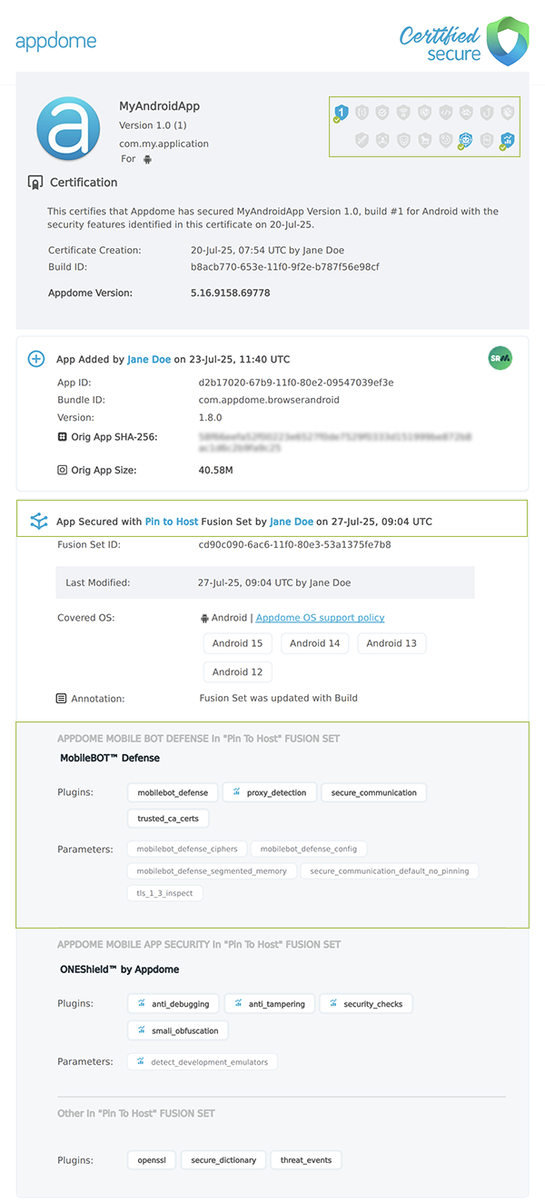 Pin to Host shown in Certificate secure