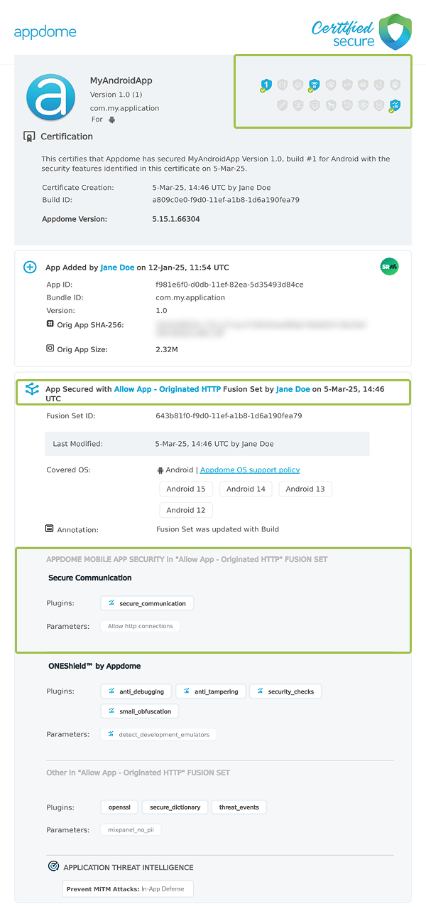 Allow App-Originated HTTP shown in Certificate secure