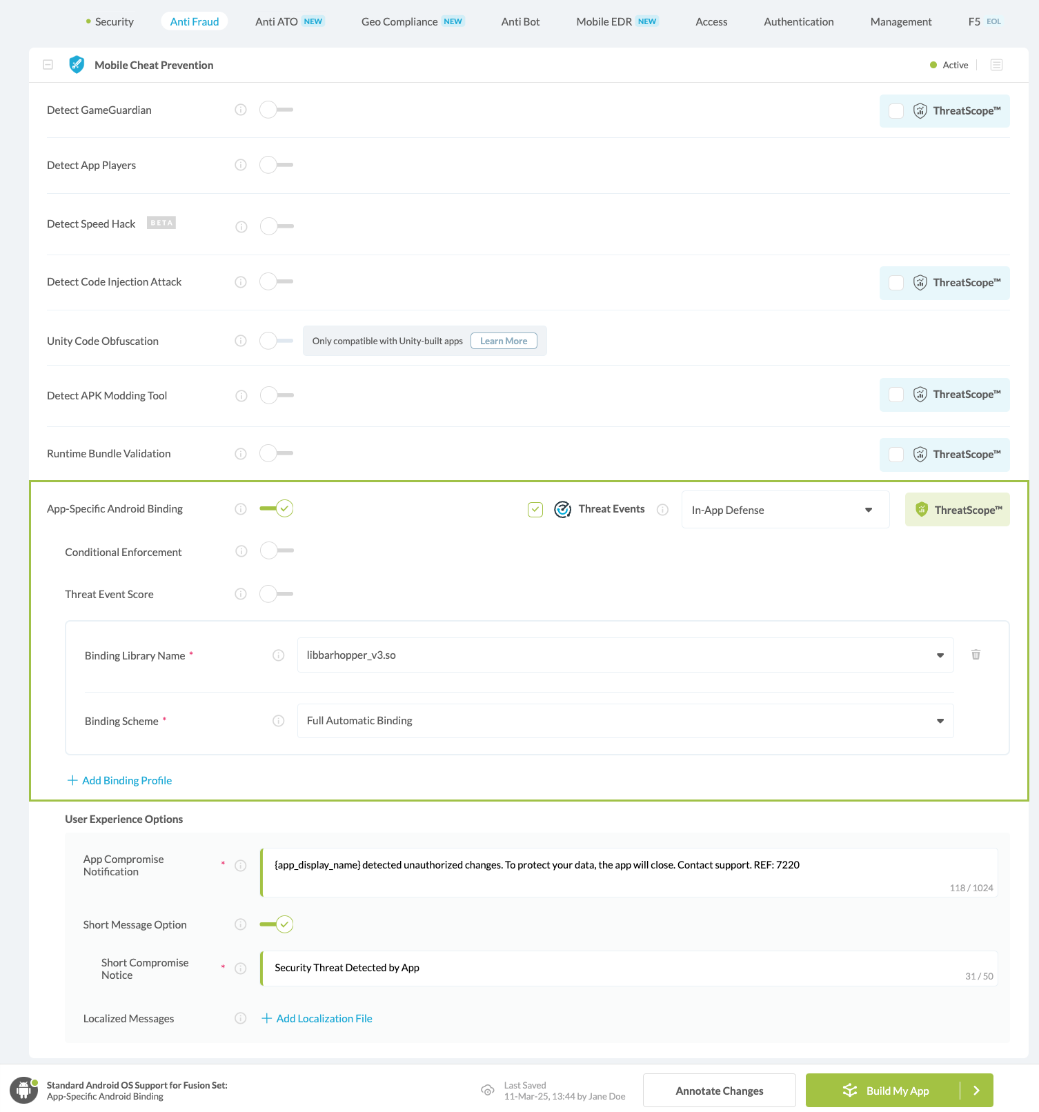App-Specific Android Bindings option