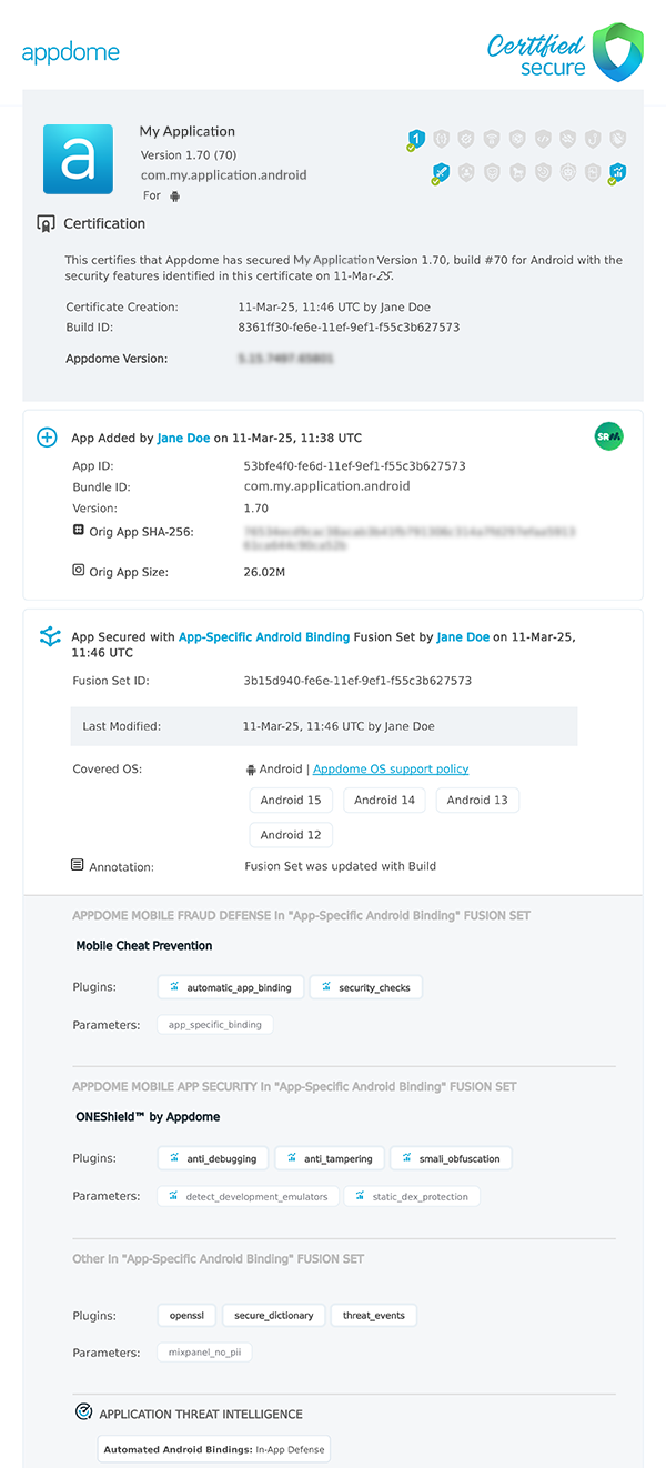 App-Specific Android Bindings shown in Certificate secure