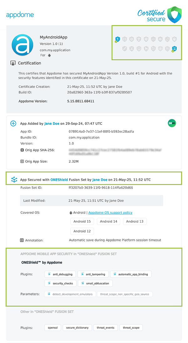 Automated Android Bindings shown in Certificate secure