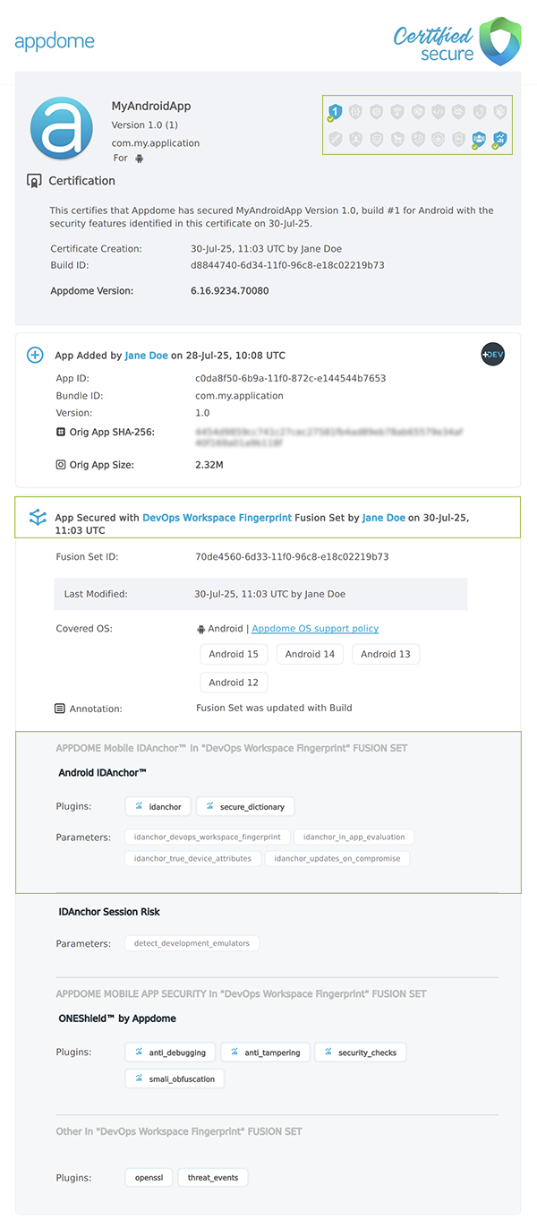 DevOps Workspace Fingerprint shown in Certificate secure