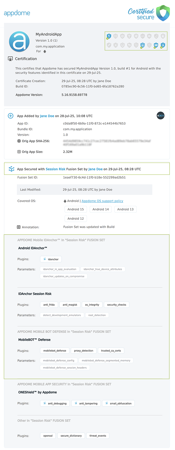 Appdome Signed Payload shown in Certificate secure