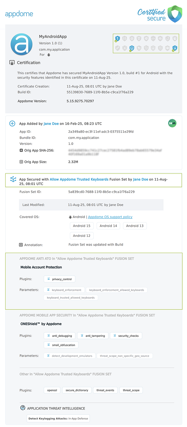 Allow Appdome Trusted Keyboards shown in Certificate secure