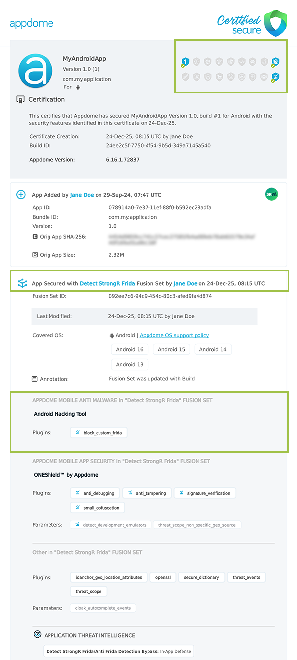 Detect Community Sponsored Frida Variants shown in Certificate secure