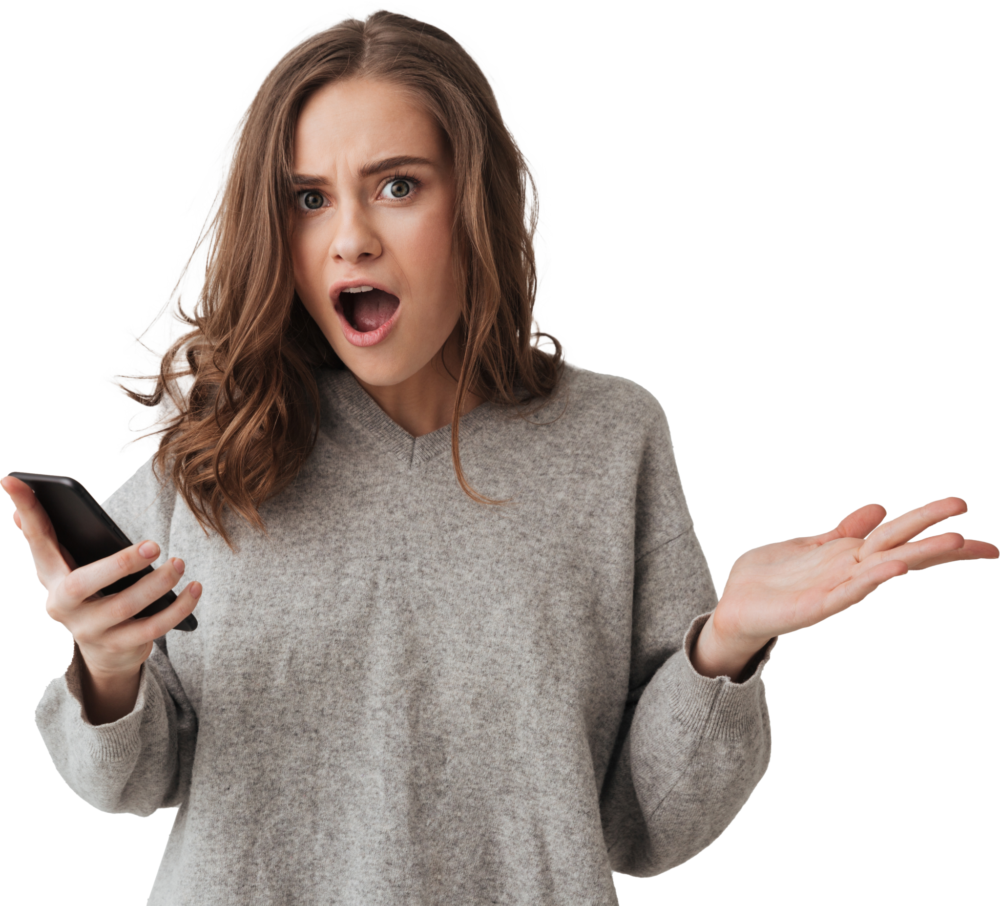 Shocked Brunette Woman Sweater Holding Smartphone Grey Wall