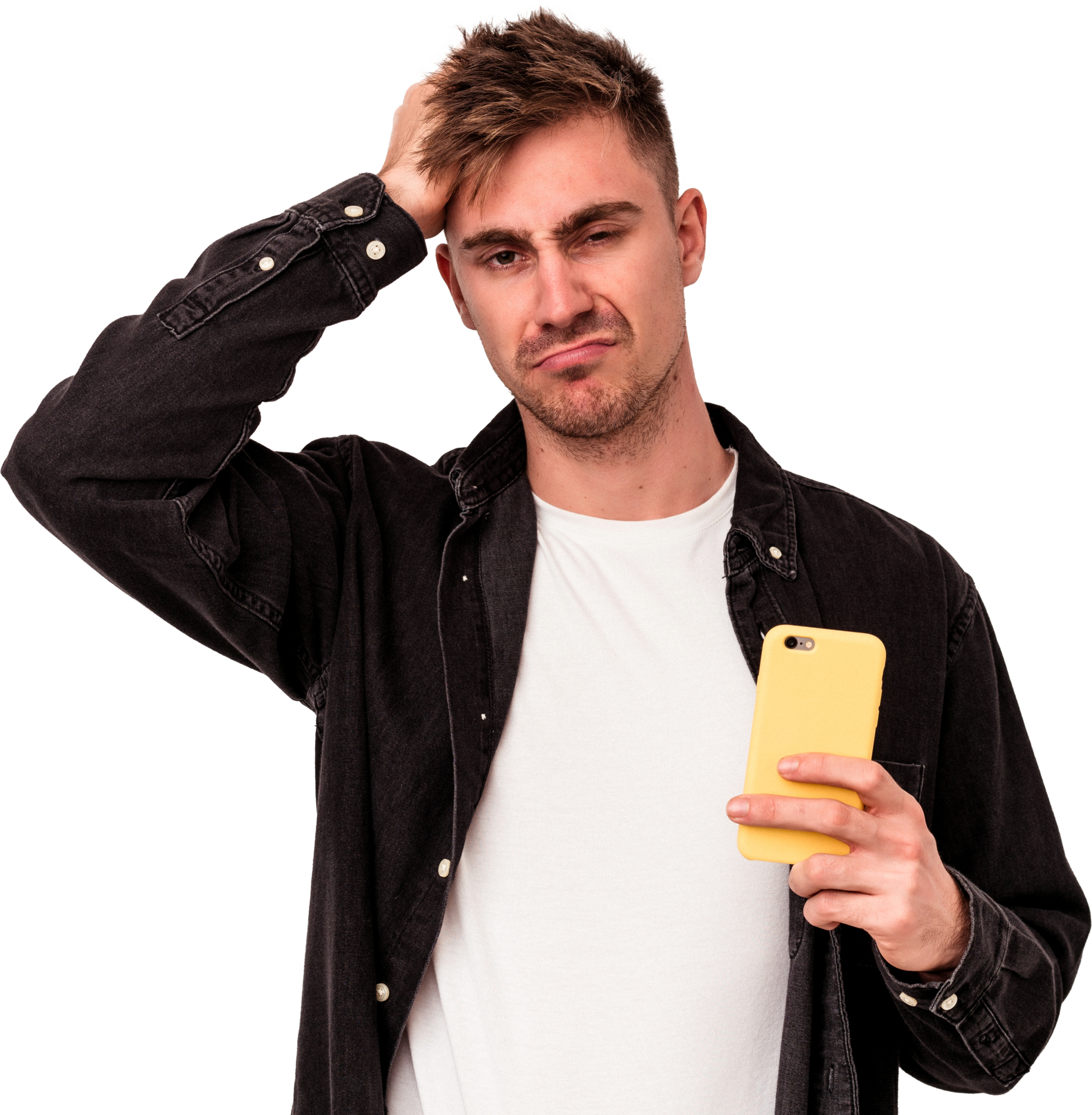Young Man Holding Mobile Phone Being Shocked