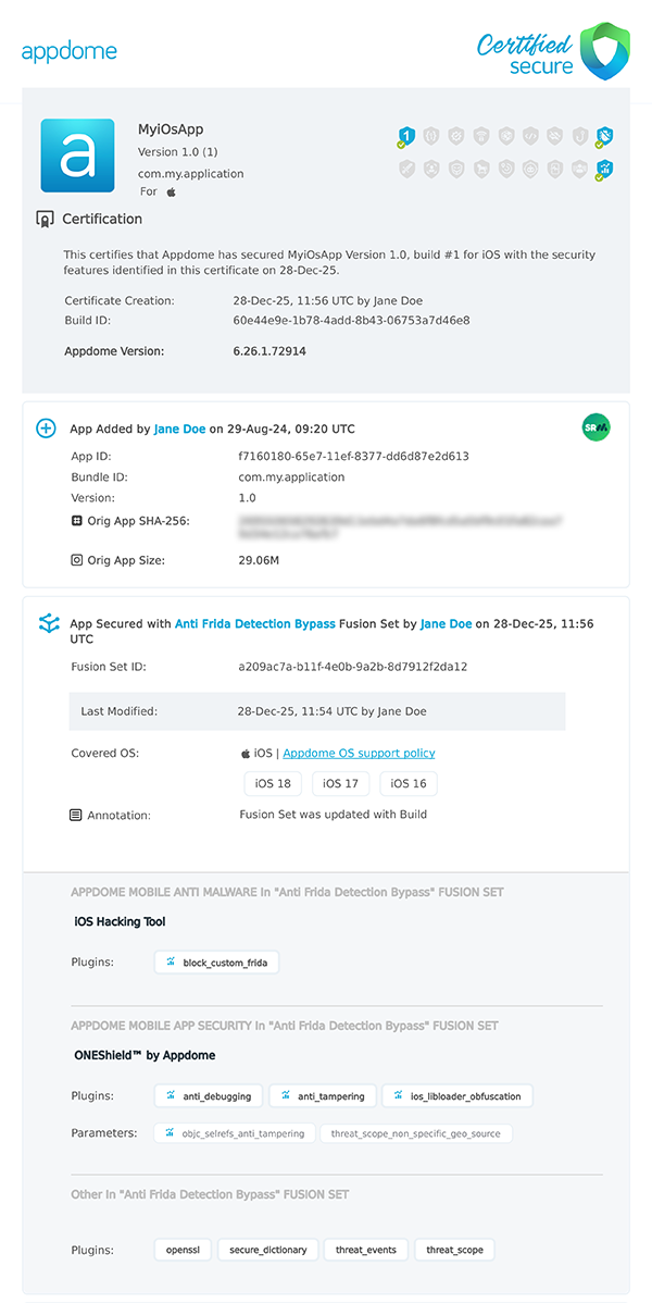 Detect Community Sponsored Frida Variants shown in Certificate secure